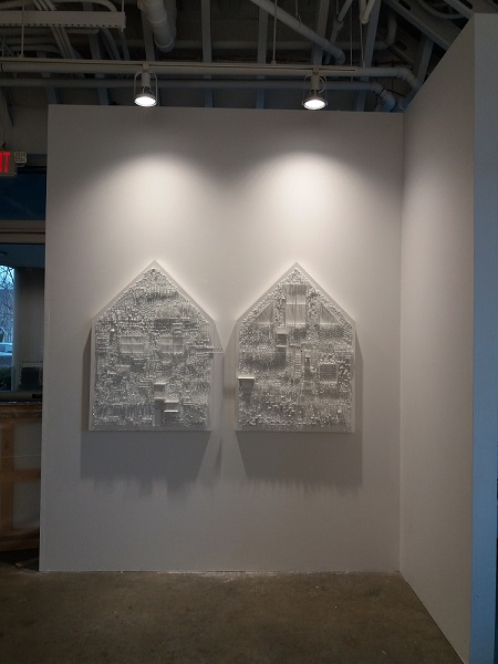 Installation of "House Readings (Ars Memorial)" by Darlene Charneco, 2019-2020. Artist-in-Residence special project diptych, William Steeple Davis House, Orient NY. Courtesy of the artist.