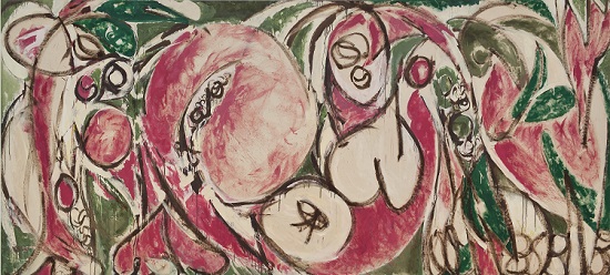 "The Seasons" by Lee Krasner, 1957. Oil and house paint on canvas, 92 3/4 x 203 7/8 inches (235.6 x 517.8 cm). Whitney Museum of American Art, New York; Purchase, with funds from Frances and Sydney Lewis by exchange, the Mrs. Percy Uris Purchase Fund and the Painting and Sculpture Committee 87.7 © 2019 The Pollock–Krasner Foundation/Artists Rights Society (ARS), New York. Courtesy the Katonah Museum of Art.