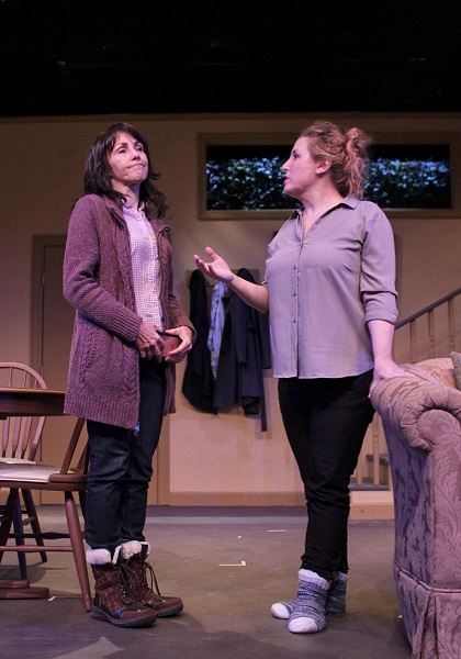 Minerva Perez and Morgan Vaughan in rehearsal for Admissions at Hampton Theatre Company. Photo by Tom Kochie. Courtesy Hampton Theatre Company.