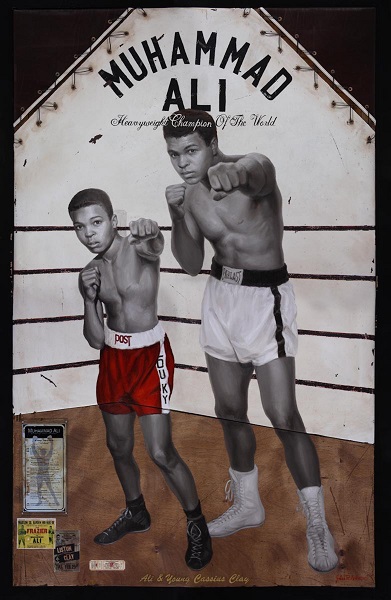 "Ali and Young Cassius Clay" by Jules Arthur. Oil and Mixed Media on canvas, 72 x 47 inches. Courtesy RJD Gallery.