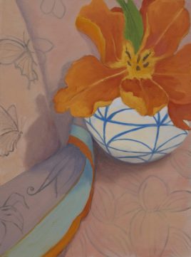 "Orange Tulip in Blue and White Vase" by Nina Gillman, 2019.