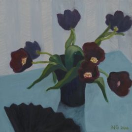 "Purple Tulips and Black Fan" by Nina Gillman, 2016